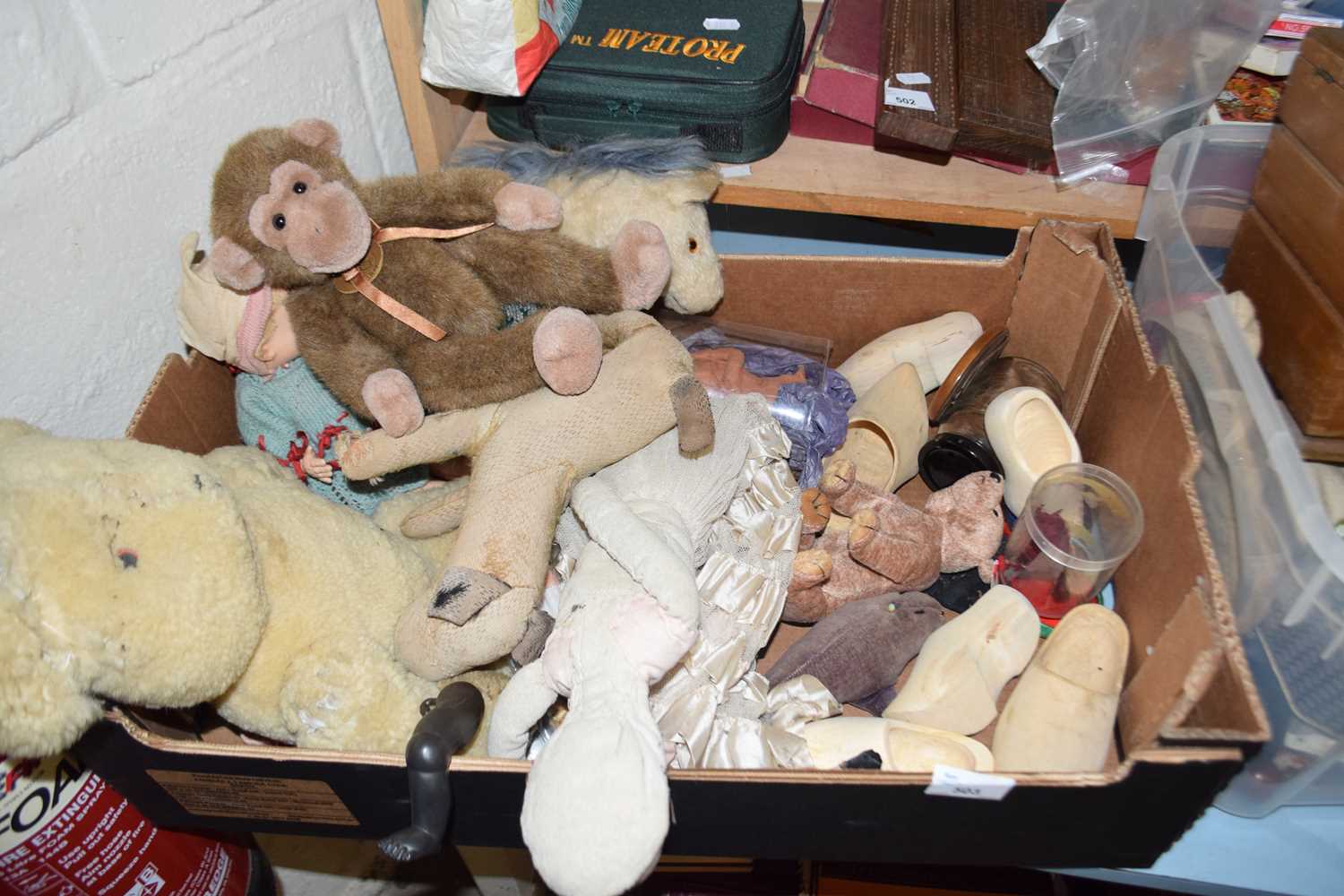 BOX OF VARIOUS VINTAGE DOLLS, SOFT TOYS, ASSORTED CLOGS AND OTHER ITEMS