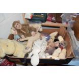 BOX OF VARIOUS VINTAGE DOLLS, SOFT TOYS, ASSORTED CLOGS AND OTHER ITEMS