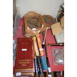 MIXED LOT: VINTAGE TENNIS RACKETS, PORCELAIN HEADED DOLL AND OTHER ITEMS