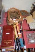 MIXED LOT: VINTAGE TENNIS RACKETS, PORCELAIN HEADED DOLL AND OTHER ITEMS