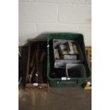 TWO BOXES OF VARIOUS ASSORTED TOOLS, FISHING WEIGHTS, ROLLERS ETC