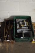 TWO BOXES OF VARIOUS ASSORTED TOOLS, FISHING WEIGHTS, ROLLERS ETC
