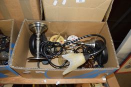 BOX OF TABLE LAMPS, CANDLE HOLDERS ETC