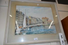 A W FREEBOM, STUDY OF A HARBOUR SCENE, WATERCOLOUR, FRAMED AND GLAZED