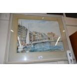 A W FREEBOM, STUDY OF A HARBOUR SCENE, WATERCOLOUR, FRAMED AND GLAZED