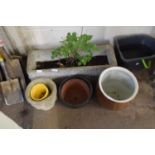 MIXED LOT: CONCRETE PLANTER, STONE WARE EGG CROCK AND VARIOUS PLANT POTS