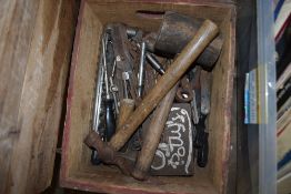 WOODEN CASE OF ASSORTED TOOLS