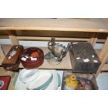 MIXED LOT: ORIENTAL JEWELLERY BOX, CLOCK PENDULUMS, METAL CASH TIN AND A SILVER PLATED BOWL