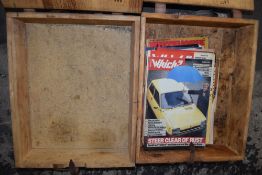 TWO VINTAGE WOODEN PACKING CASES AND A QUANTITY OF WHICH MAGAZINES