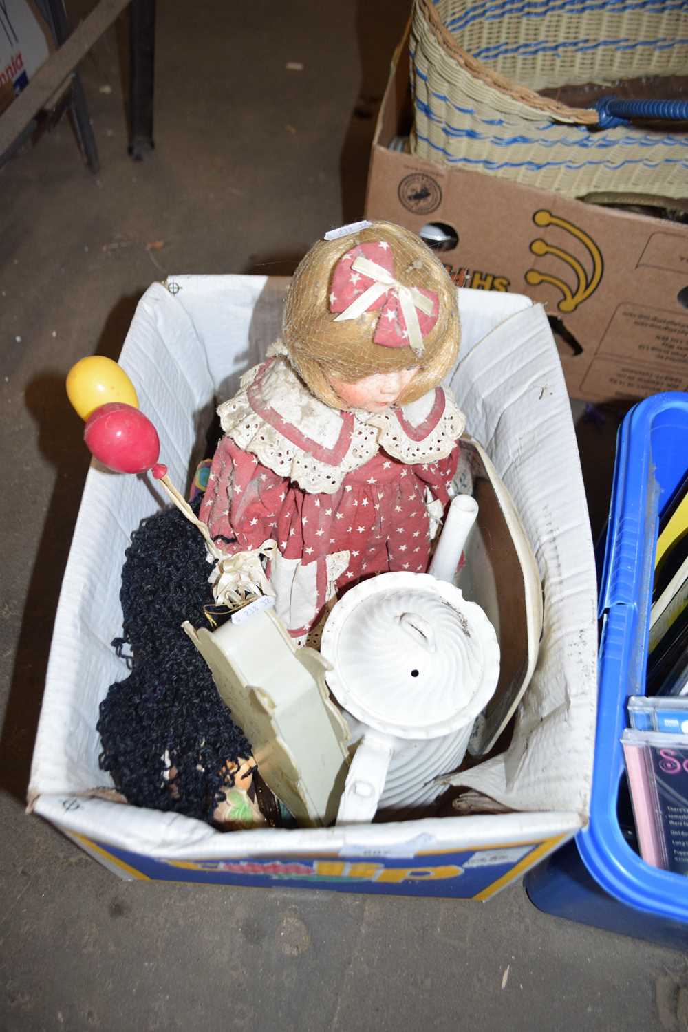 ONE BOX OF PORCELAIN HEADED DOLL, HOUSE CLEARANCE SUNDRIES ETC