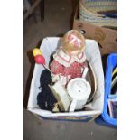 ONE BOX OF PORCELAIN HEADED DOLL, HOUSE CLEARANCE SUNDRIES ETC