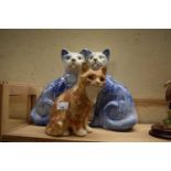 WINSTANLEY MODEL CAT PLUS FURTHER PAIR OF BLUE GLAZED ARTHUR WOOD CATS (3)