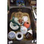 BOX OF VARIOUS ASSORTED CERAMICS, GLASS LIGHT SHADE ETC