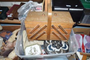 BOX CONTAINING CANTILEVER SEWING BOX AND VARIOUS OTHER SEWING SUPPLIES