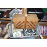 BOX CONTAINING CANTILEVER SEWING BOX AND VARIOUS OTHER SEWING SUPPLIES