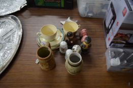 MIXED LOT: CLARICE CLIFF CORONATION CUPS AND SAUCERS, CRUET ITEMS ETC