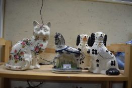 MIXED LOT COMPRISING STAFFORDSHIRE STYLE MODEL DOGS, FURTHER LARGE CAT MODEL AND A MODEL HORSE (4)