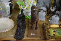 MIXED LOT COMPRISING A CARVED OAK MODEL OF A HORSE TOGETHER WITH A FURTHER BRONZED RESIN OF HORSE