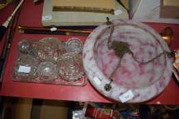 MARBLED GLASS LIGHT SHADE AND DRESSING TABLE GLASS WARES