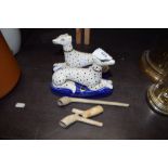 STAFFORDSHIRE STYLE MODEL OF A GREYHOUND TOGETHER WITH FURTHER PAIR OF STAFFORDSHIRE STYLE DOG