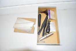 BOX OF MIXED ITEMS TO INCLUDE WOODEN HANDLED SEALS, GLOVE STRETCHERS, MOTHER OF PEARL NEEDLE CASE