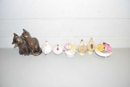 BRONZED RESIN MODEL OF CATS TOGETHER WITH MODEL CHICKENS AND OTHER ITEMS