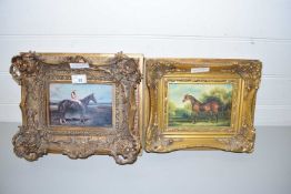 REPRODUCTION VIENNA WALL PLAQUE DECORATED WITH A HORSE AND JOCKEY SET IN A HEAVY GILT FRAME TOGETHER