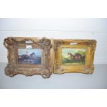 REPRODUCTION VIENNA WALL PLAQUE DECORATED WITH A HORSE AND JOCKEY SET IN A HEAVY GILT FRAME TOGETHER