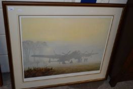 GERALD COULSON, OFF DUTY - LANCASTER AT REST, COLOURED PRINT, SIGNED IN PENCIL, FRAMED AND GLAZED,
