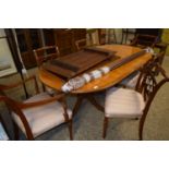 REPRODUCTION MAHOGANY TWIN PEDESTAL DINING TABLE AND SIX ACCOMPANYING CHAIRS (7)