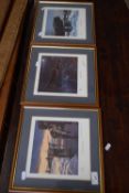 KEITH WOODCOCK, SET OF THREE COLOURED PRINTS, PREPARATION, TREPIDATION AND RELAXATION, ALL SIGNED,