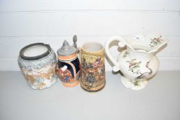 MIXED LOT: GERMAN BEER STEINS, DOULTON BISCUIT BARREL AND A FURTHER JUG (4)