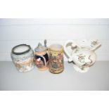 MIXED LOT: GERMAN BEER STEINS, DOULTON BISCUIT BARREL AND A FURTHER JUG (4)