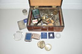 HARDWOOD BOX CONTAINING VARIOUS ITEMS TO INCLUDE SMALL SILVER MOUNTED PICTURE FRAMES, MATCHBOX