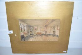 20TH CENTURY SCHOOL STUDY OF THE INTERIOR OF A TIMBER FRAMED HOUSE, MOUNTED BUT NOT FRAMED