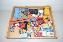ONE BOX OF TOY VEHICLES TO INCLUDE MATCHBOX CAR TRANSPORTERS AND OTHERS
