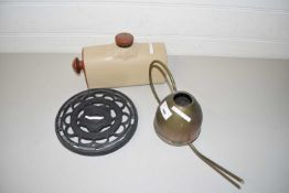MIXED LOT: IRON TRIVET, SMALL WATERING CAN AND A POTTERY HOT WATER BOTTLE