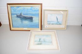 JOHN STEVENS STUDY OF HMS INDOMITABLE TOGETHER WITH TWO COLOURED PRINTS AFTER KEITH JOHNSON