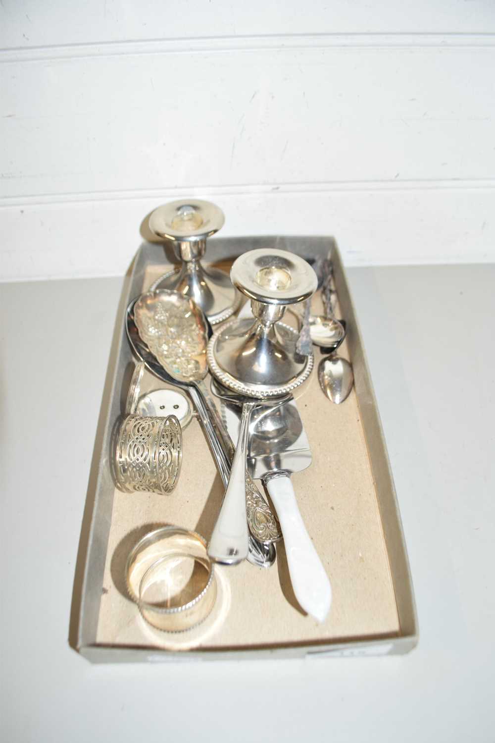 MIXED LOT: SMALL POCKET WATCH, SILVER NAPKIN RING, VARIOUS ASSORTED CUTLERY, CANDLESTICKS ETC