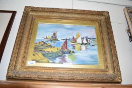 20TH CENTURY SCHOOL STUDY OF A HARBOUR SCENE, UNSIGNED, GILT FRAMED