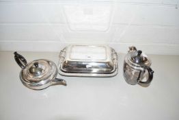 SILVER PLATED SERVING DISH, HOT WATER POT AND A TEAPOT