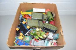 BOX OF VARIOUS DINKY AND OTHER TOY VEHICLES TO INCLUDE SOME MILITARY EDITIONS, A UFO INTERCEPTOR AND
