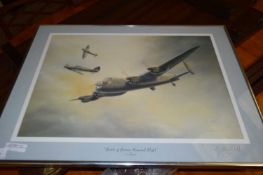 J W MITCHELL, BATTLE OF BRITAIN MEMORIAL FLIGHT, COLOURED PRINT, SIGNED IN PENCIL, FRAMED AND