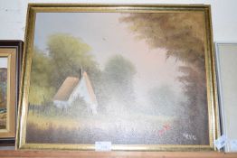 British school (20th century), A cottage in a woodland landscape, oil on board, indistinctly signed,