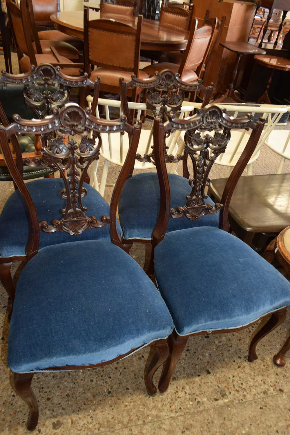 SET OF FOUR LATE 19TH/EARLY 20TH CENTURY MAHOGANY DINING CHAIRS WITH BLUE UPHOLSTERED SEATS