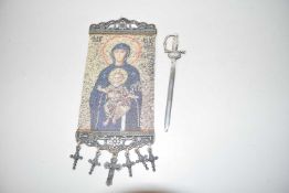 SMALL FABRIC HANGING ICON PICTURE TOGETHER WITH A SMALL PAPER KNIFE