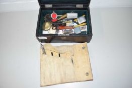 HARDWOOD BOX CONTAINING VARIOUS ITEMS TO INCLUDE CIGARETTE LIGHTERS, DRAWING INSTRUMENTS, CIGAR