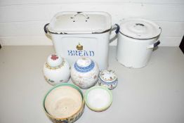 MIXED LOT: ENAMEL BREAD BIN, ENAMEL FLOUR BIN, GINGER JARS, ASSORTED CERAMICS