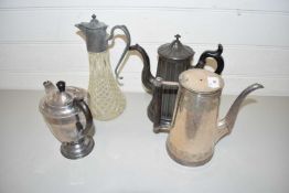 MIXED LOT: SILVER PLATED COFFEE POTS, CLARET JUG ETC (4)
