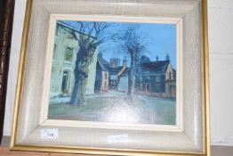 20TH CENTURY SCHOOL MOONLIT STREET SCENE, OIL ON BOARD, INDISTINCTLY SIGNED